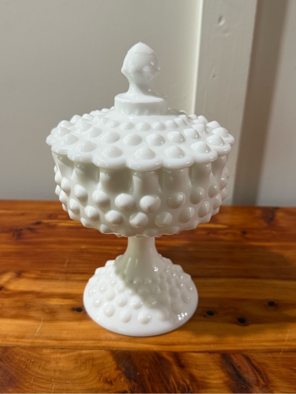 Vintage Fenton White Hobnail Milk Glass Candy Dish Pedestal Compote Jar w/ Lid